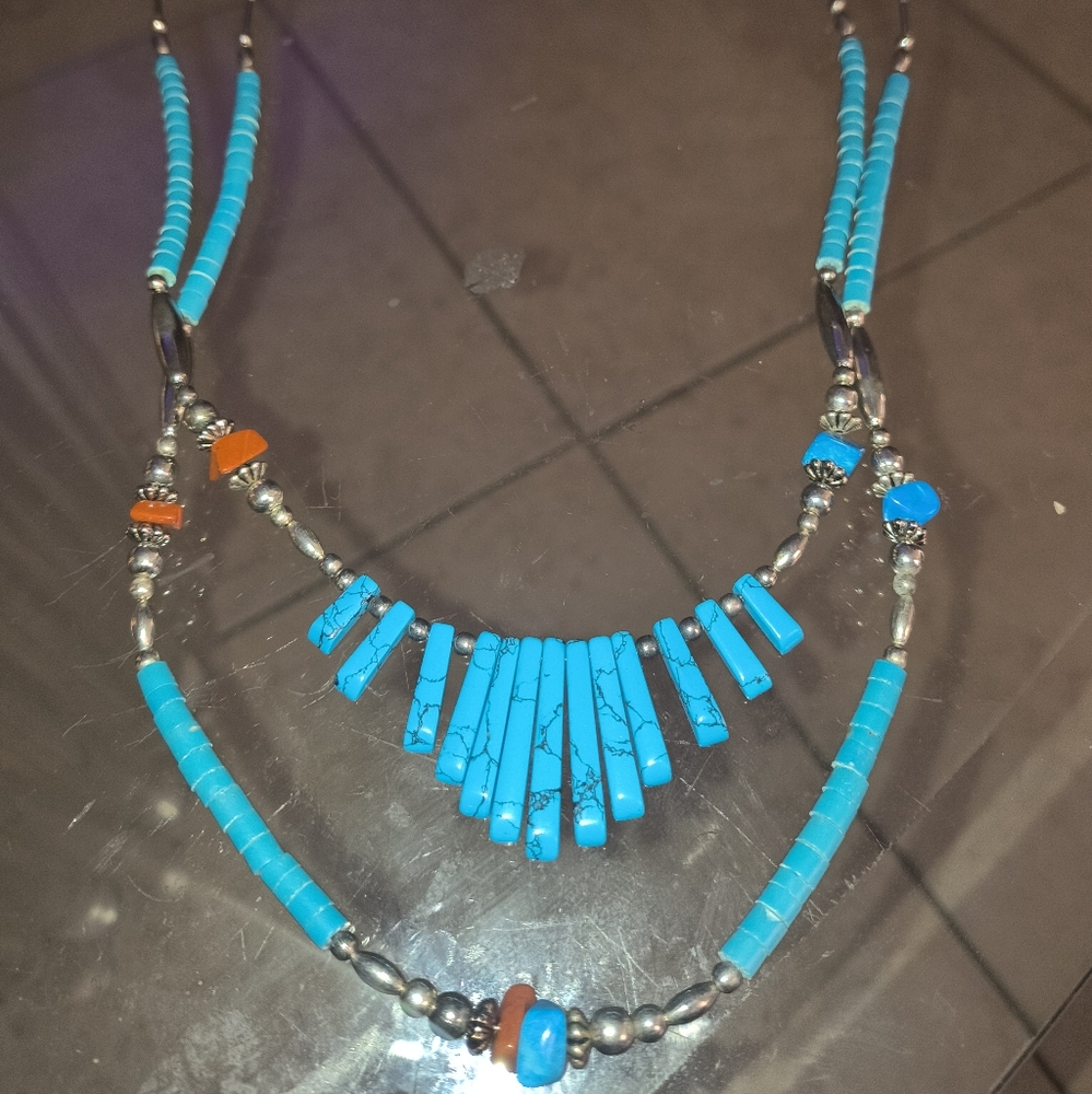 Turquoise and Silver Necklace with Orange Accents
